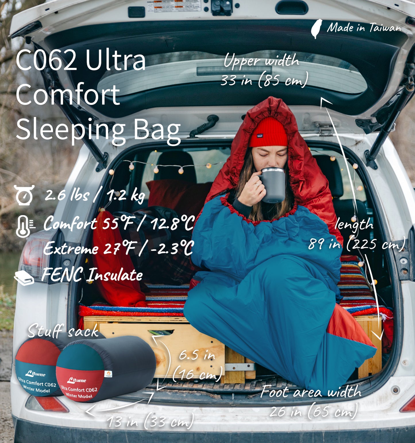 [C062] Ultra Comfort Velvet Lined Sleeping bag 12.8°C/ 55°F (ISO 23537-1)